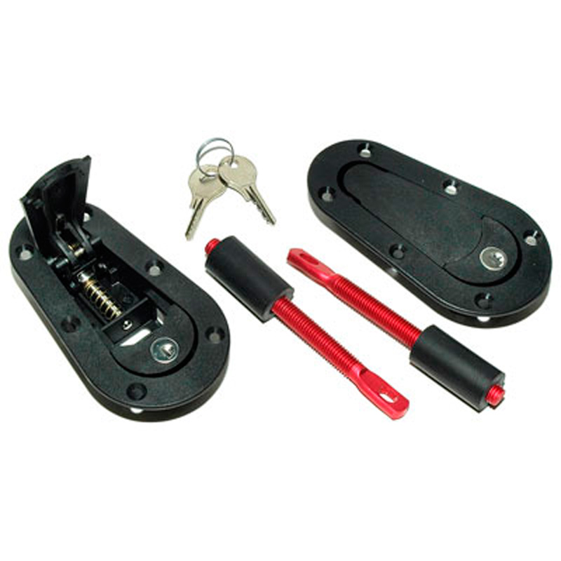 Set universal Racing Plus Flush bonnet hooks/pins + Lock - black + red aluminum pins