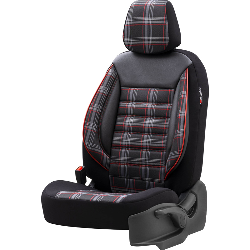 Universele Stoffen Stoelhoezenset 'Sports' Zwart/Grijs/Rood - 11-delig - geschikt voor Side-Airbags