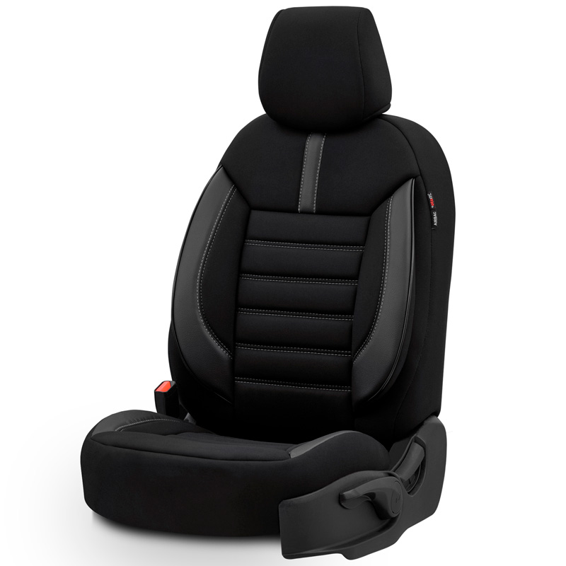 Universal Fabric/Leather Seat cover set 'Limited' Black + Grey stitching - 11-pieces -  Side-Airbags