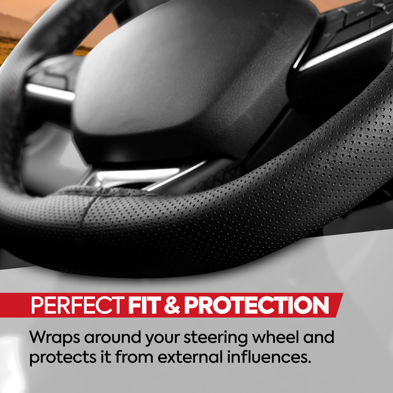 Universal steering wheel cover Classic - Black punched PVC leather + Black stitch (lace)