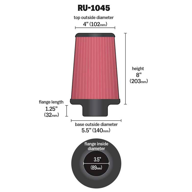 K&N Universal Conical Air Filter 89mm flange, 140mm base, 102mm top, 203mm height (RU-1045)