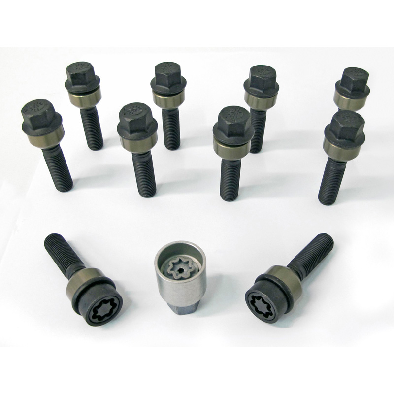 H&R Wheel bolt Set Round-Head with movable cone R14 M14x1.50 - Length 54mm - Black - 10 pcs. (e.g.  Porsche) - incl. wheel-locks