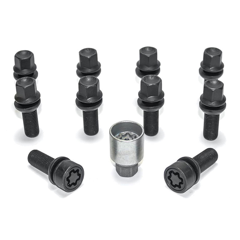H&R Wheel bolt Set Round-Head with movable cone R13 M14x1.50 - Length 48mm - Black - 10 pcs. (e.g.  Audi S5) - incl. wheel-locks