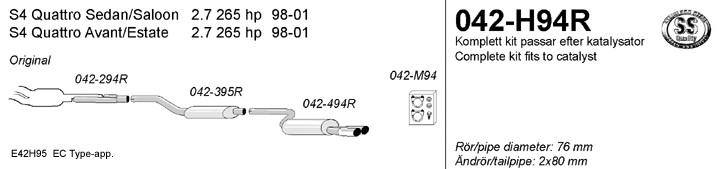 Simons Uitlaatsysteem af kat. Audi A4 Quattro B5 1998-2001