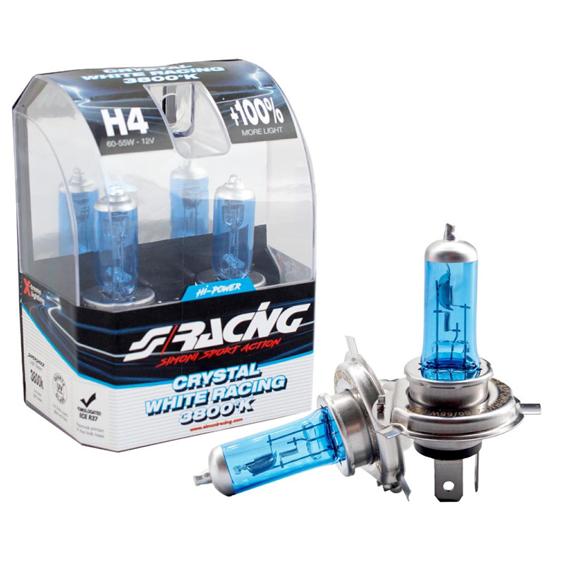 Simoni Racing Halogeen Lampen 'Crystal White Racing' H4 (3800K) 12V/60-55W, set à 2 stuks ECE-R37