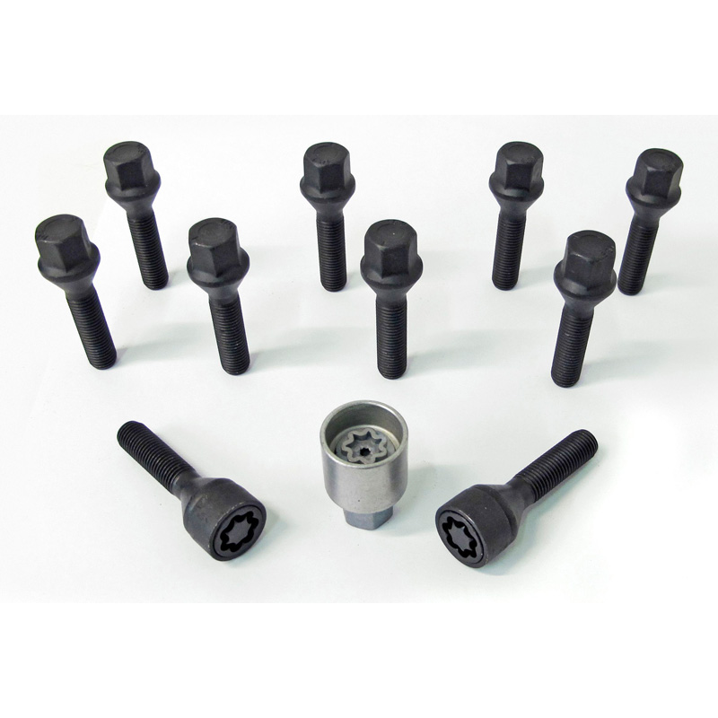 H&R Wheel bolt Set Taper-Head M12x1.50 - Length 28mm - Black - 10 pcs. - incl. wheel-locks