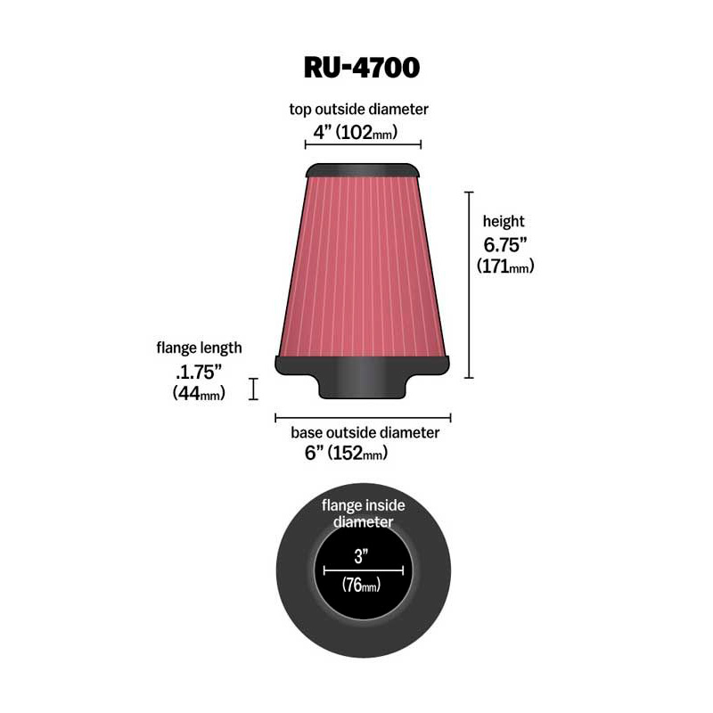 K&N Universal Conical Air Filter 76mm flange, 152mm base, 102mm top, 171mm height (RU-4700)