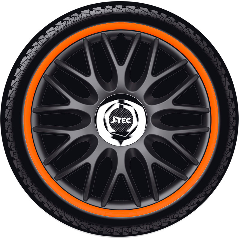 4-Delige J-Tec Wieldoppenset Orden R 15-inch zwart/oranje + chroom ring